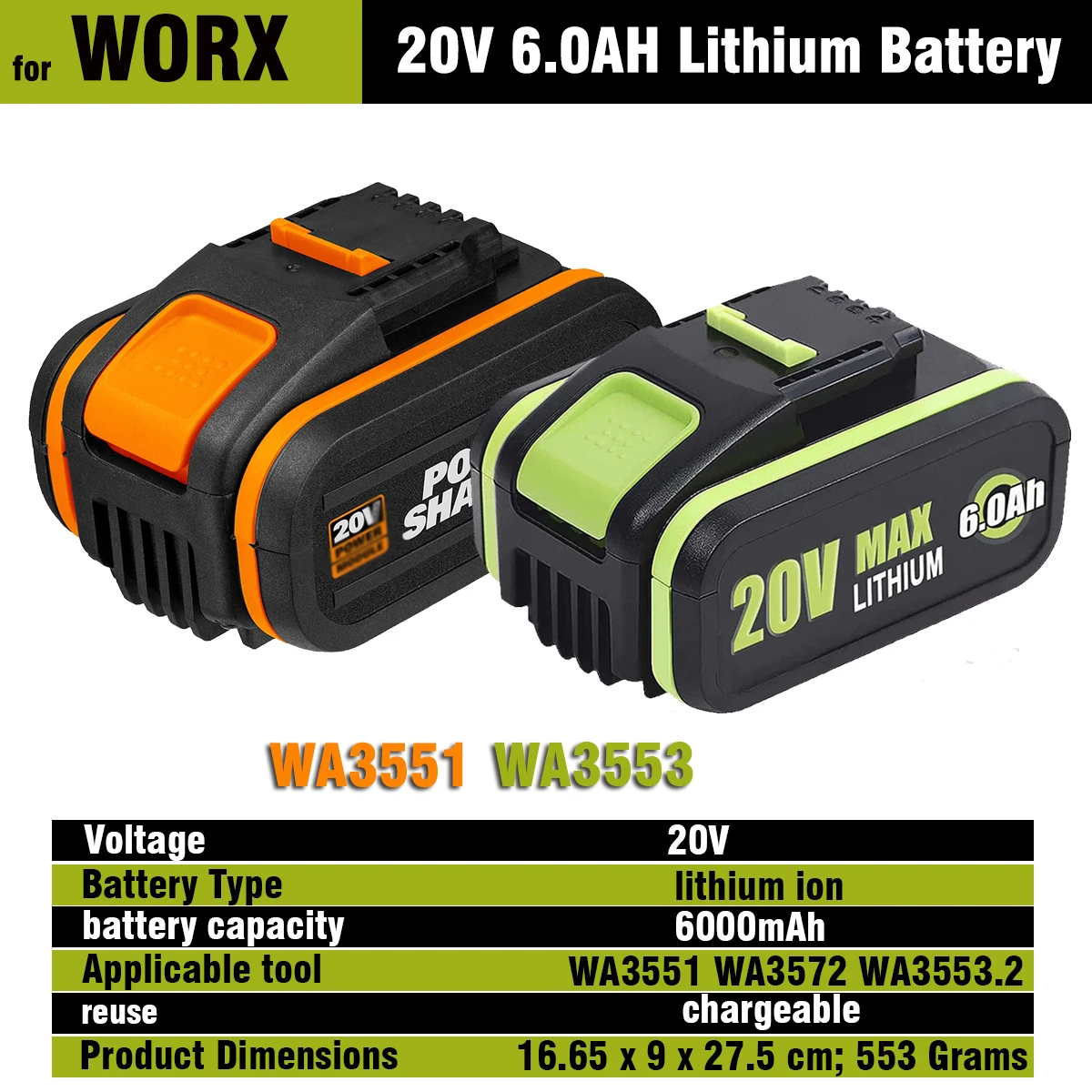 for WORX 20V battery 6.0Ah Lithium Rechargeable WA3553 WA355