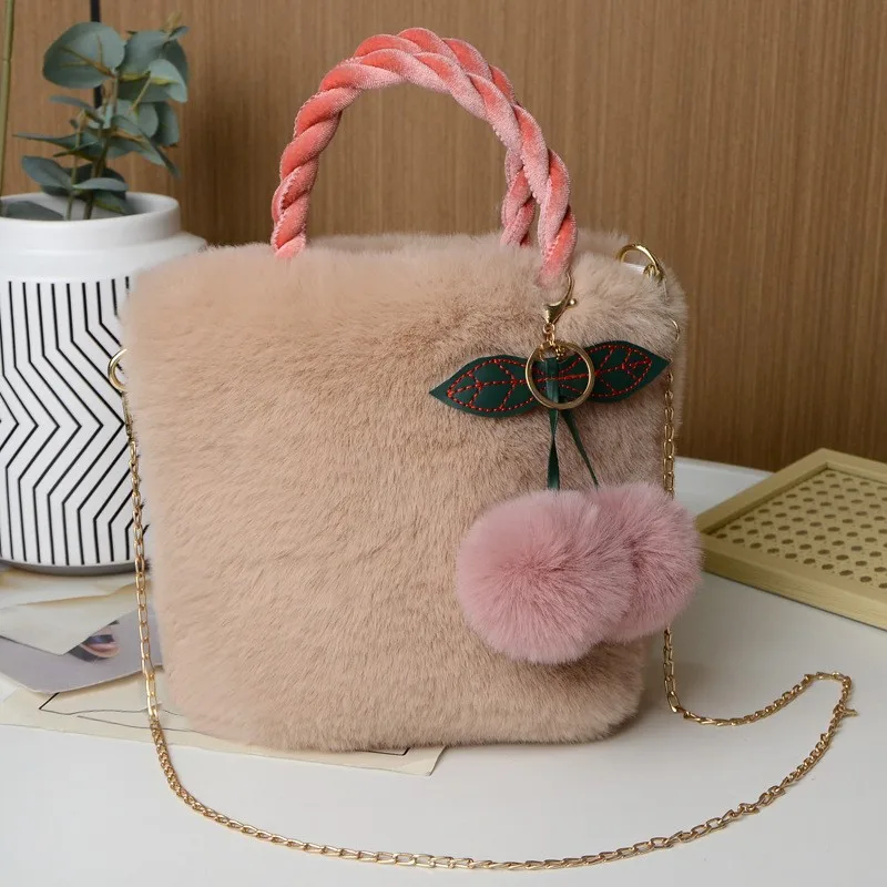 Elegant Plush Handheld Bag for Women Fashion  One Shoulder Crossbody bag Sweet girl portable Fluffy Bucket Bag