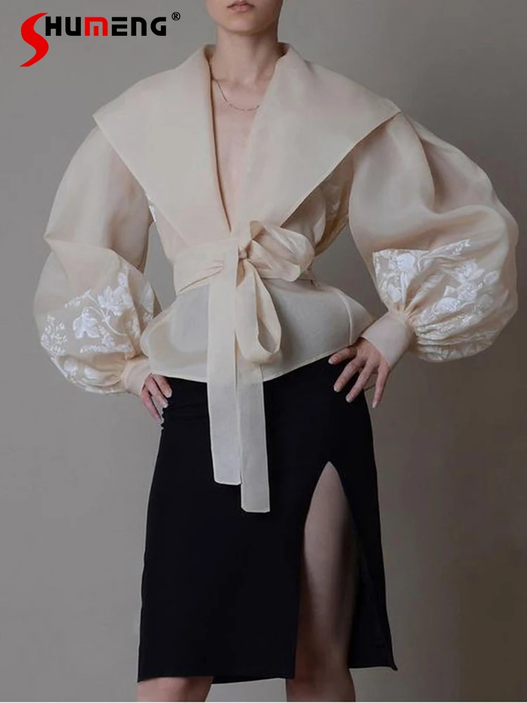 

High-End Retro Women's Summer Organza Lace Up Tops and Blouses Court Style Loose Thin Sunscreen Apricot Cardigan Top Women 2023