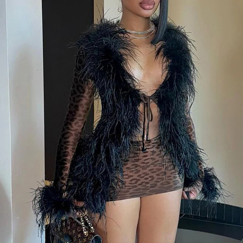 OMSJ сексуальный кардиган из искусственного меха с перьями в стиле пэчворк на