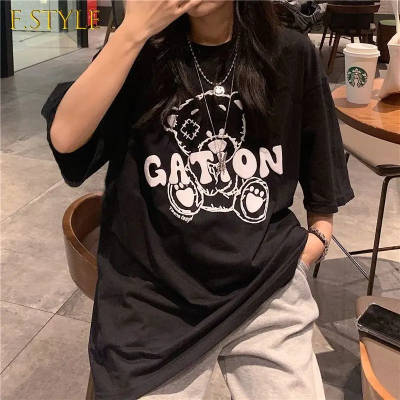 

Women 5 Quarter Sleeve T-shirts Cartoon Bear-printed Teens All-match Streetwear O-neck Baggy Tshirts Harajuku Ulzzang Chic Tops
