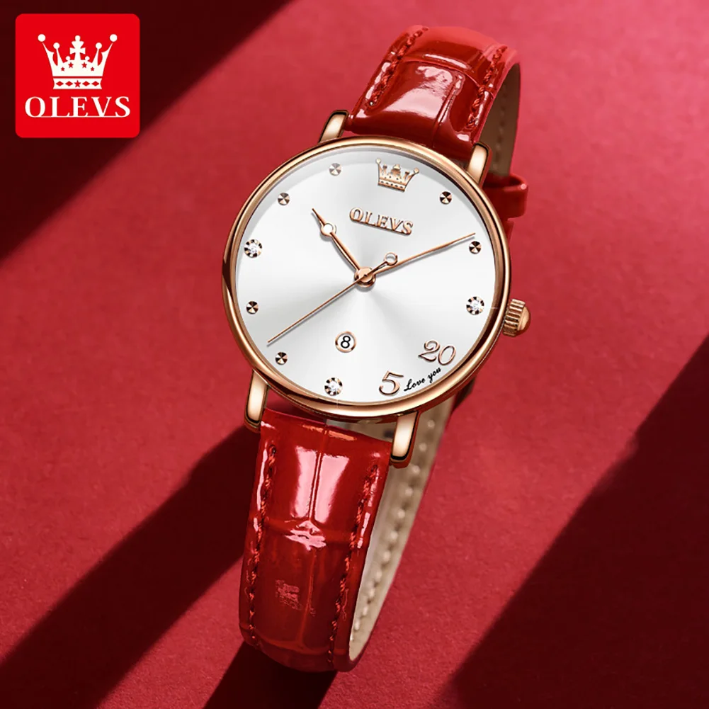 OLEVS 5505 Genuine Leather Strap Fashion Women Wristwatches Trendy High Quality Quartz Waterproof Watch for Women Calendar enlarge