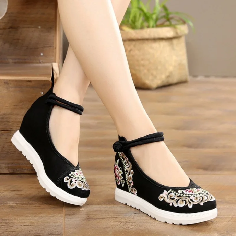 

Comemore Women Red Summer Footwear Ankle Strap Spring Autumn Pumps China Beijing Embroiders Wedges Heels 2022 Buckle Cloth Shoes