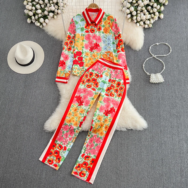 Conjunto de verano y primavera para mujer, blusa con estampado de botones, Tops y pantalones largos, chándal elegante de dos piezas, ropa de Fitness, 2022