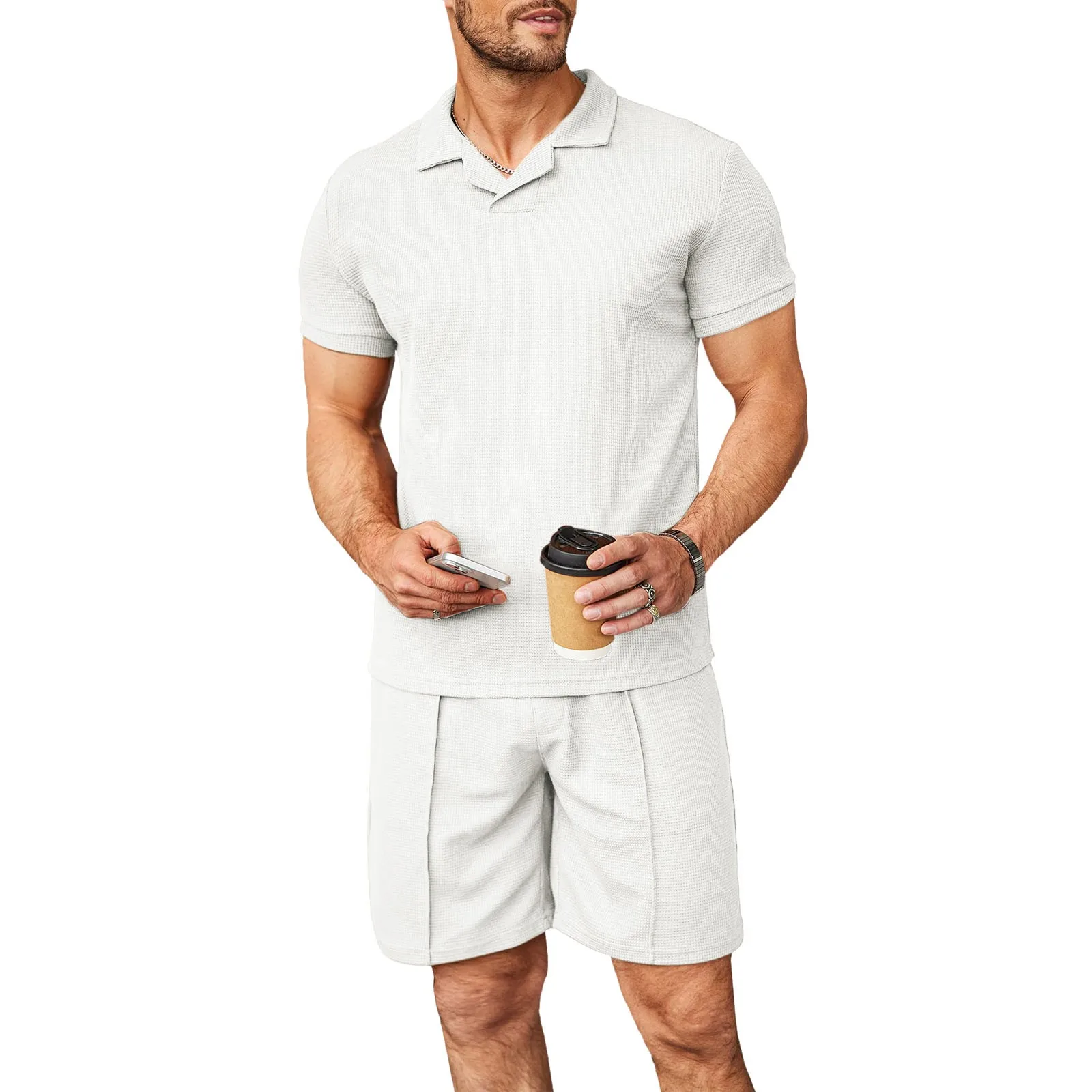 

Men Waffle 2 Piece Suit Lapel Collar T Shirt Solid Color Breathable Shorts Male Set Streetwear Ropa Hombre Outfits Conjuntos