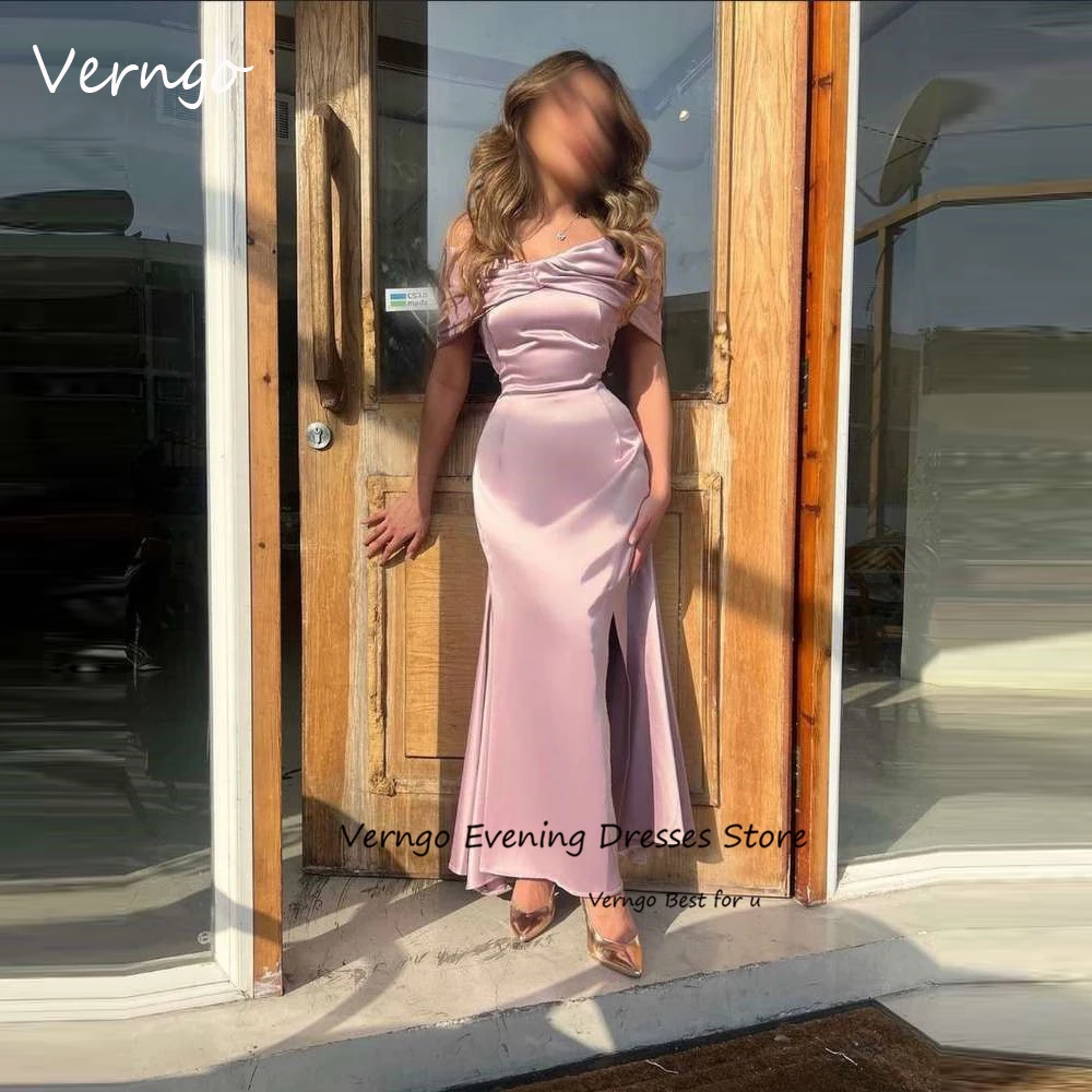 

Verngo 2023 арабские Розовые атласные вечерние платья русалки с открытыми плечами рукавами с Разрезом Платье до щиколотки для выпускного вечера