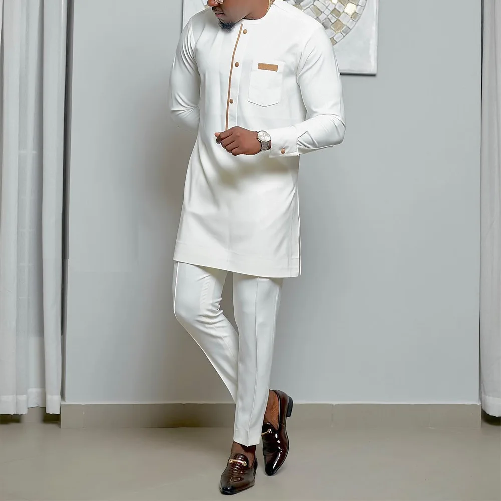 M-4XL 2023 New Arrival Summer Fashion Dashiki African Men Long Sleeve O-neck Polyester White Plus Size Two Pieces Sets Top+Pant
