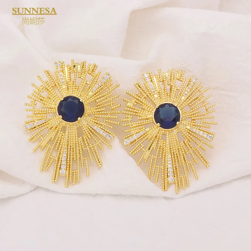 

SUNNESA Luxury Blue Big Zircon African Earrings for Women Dubai Copper Plated Rhinestone Jewelry Fashion Clip Earrings
