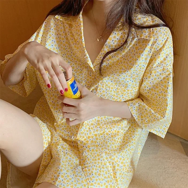 Qweek Women Clothing Sets Summer Plus Size Pajamas Summer Night Home Suit Floral Pyjamas Korean Style Pijamas Sleepwear Cute