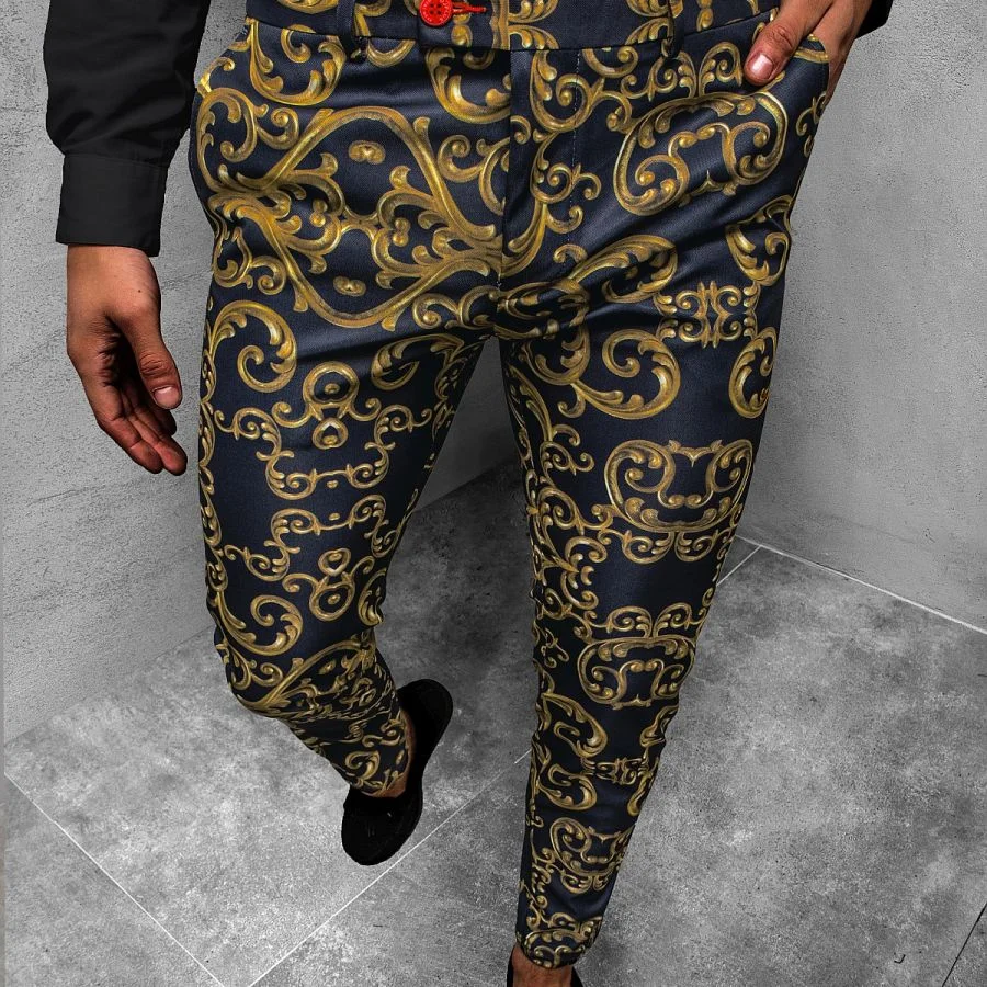 

vintage court style Fashion Men Casual Business Mid Waist Zipper Print Straight Long Pants Spring Autumn Mens Straight Trousers