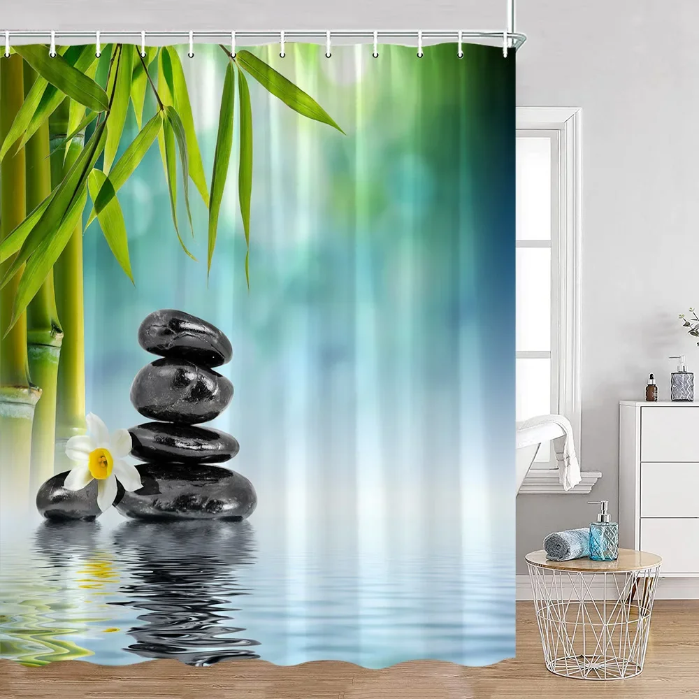 Zen Green Bamboo Shower Curtain Orchid Buddha Meditation Black Stone Candle Stream Plant Bathroom Decor Polyester Bath