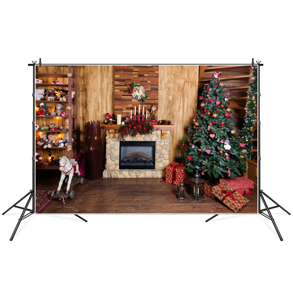 Christmas Tree Gifts Fireplace Toys Shelf Room Scene Photography Backgrounds Custom Baby Party Decoration Photo Booth Backdrops