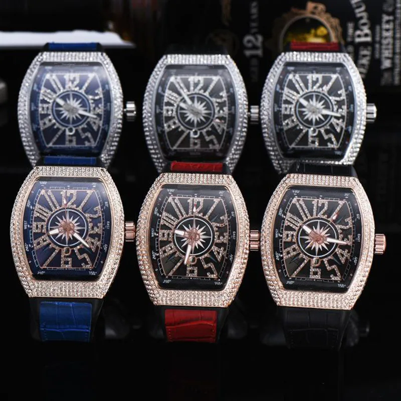 

Luxury Couple Watches for Men Women Brand Big Numbers Diamond Iced Quartz Tonneau Watch Dragon Engraving Male Ladies Wristwatch