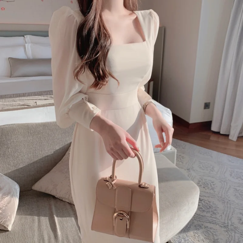 

Korea Square Neck Trumpet Mermaid Chiffon Dresses For Women Elegant Puff Sleeve Solid Bodycon Dress Spring Summer 2023 Clothing