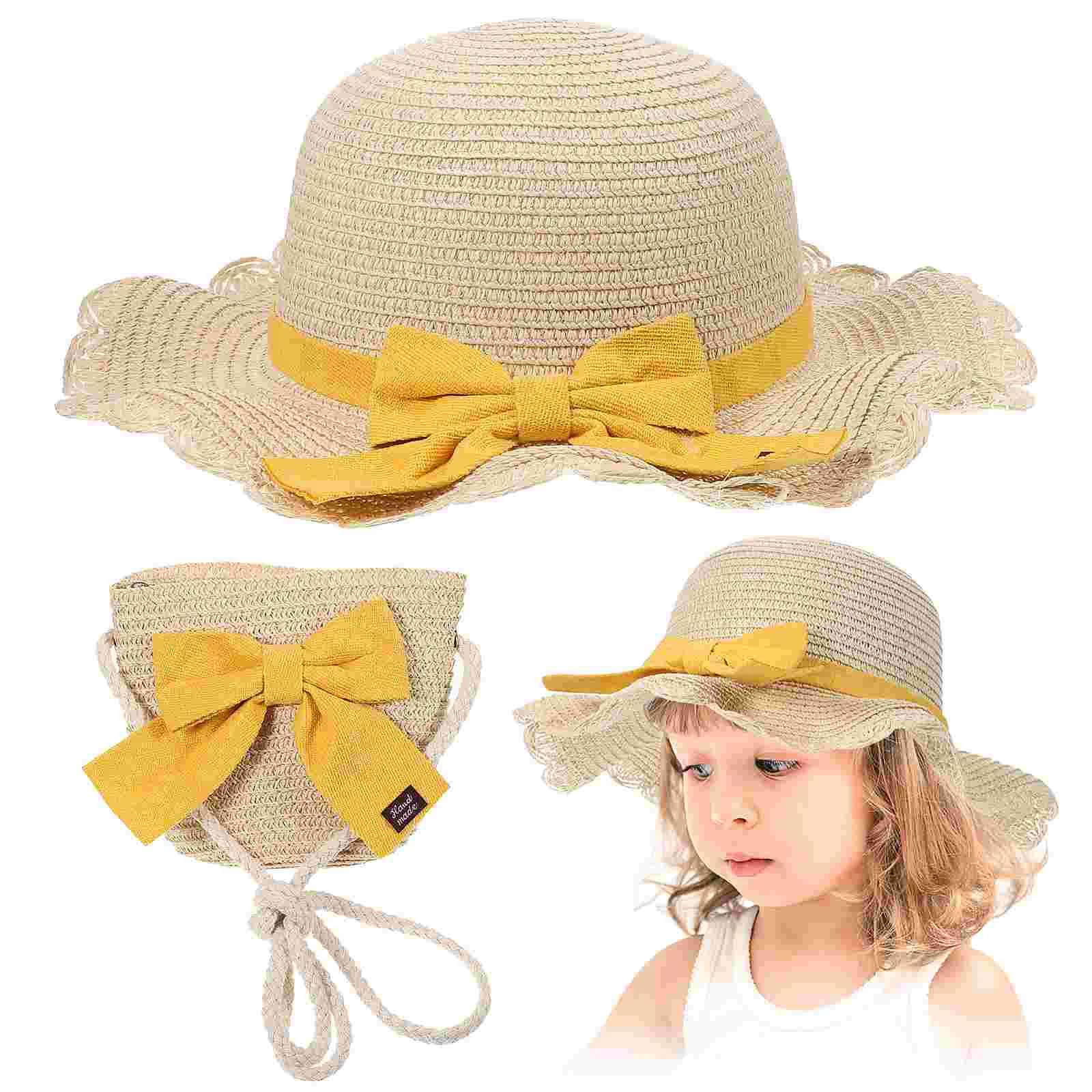 

Two Piece Summer Set Summer Outfit Sun Hat and Straw Bag Set Summer Beach Straw Hat Shoulder Crossbody Bag with Bowknot Decor