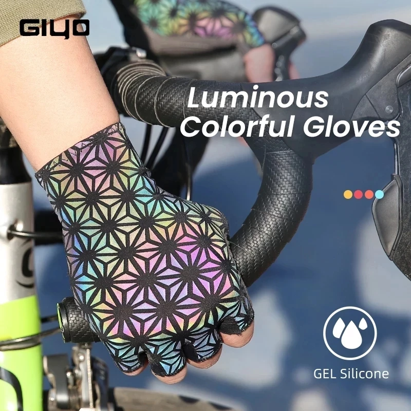 

Giyo Colorful Luminous Half Finger Cycling Gloves Outdoor Sport Anti-slip MTB Mitten Reflection Dazzle Motorcycle Short Gloves