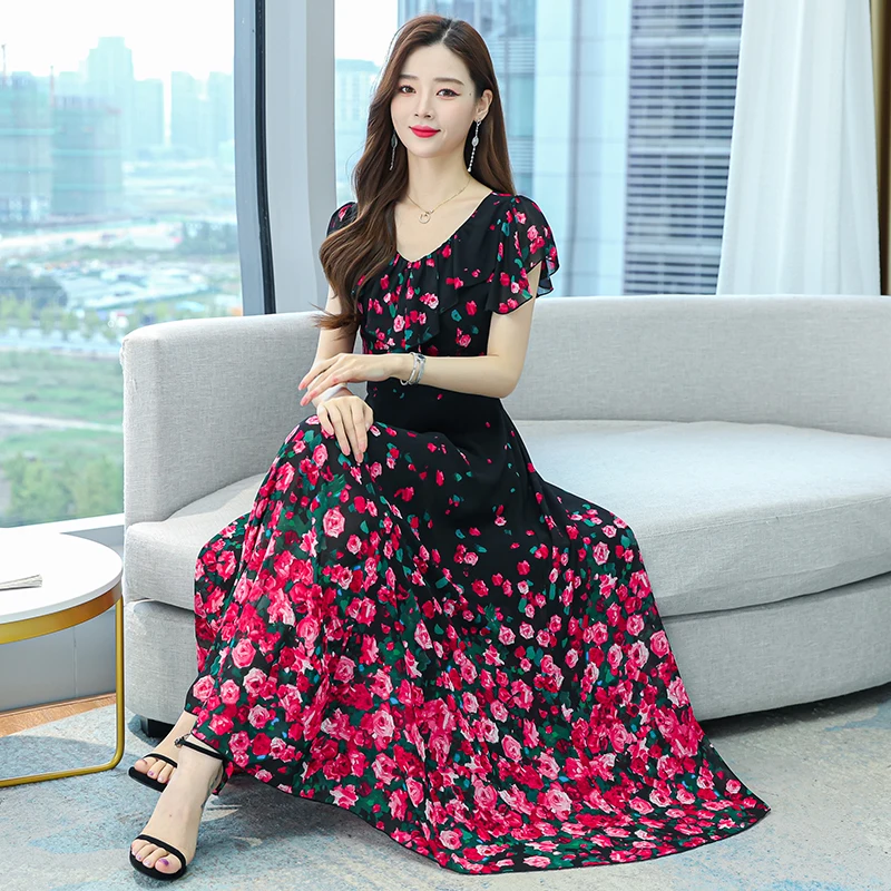 

Chiffon Blue Floral Summer Dress Women 2022 Midi Clothing V Neck Vetement Femme Maxi Kleid Vestido Festa Luxo Evening Dresses