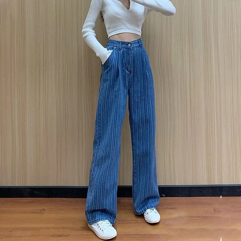 Spring Summer Casual Striped Wide Leg Denim Pants Women's Clothing Fashion Korean High Waist Loose All-match Trousers for Female