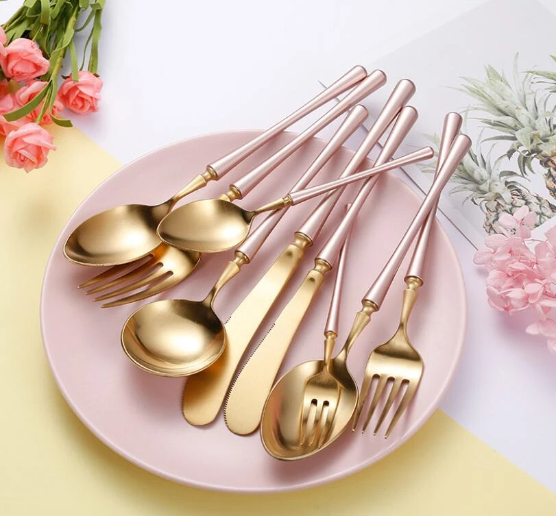 

Pink Handle Spoon Fork Knife Dinnerware Set Household Dinning Table Set Gold Plated Matte Cutlery Set 304 Stainless Steel