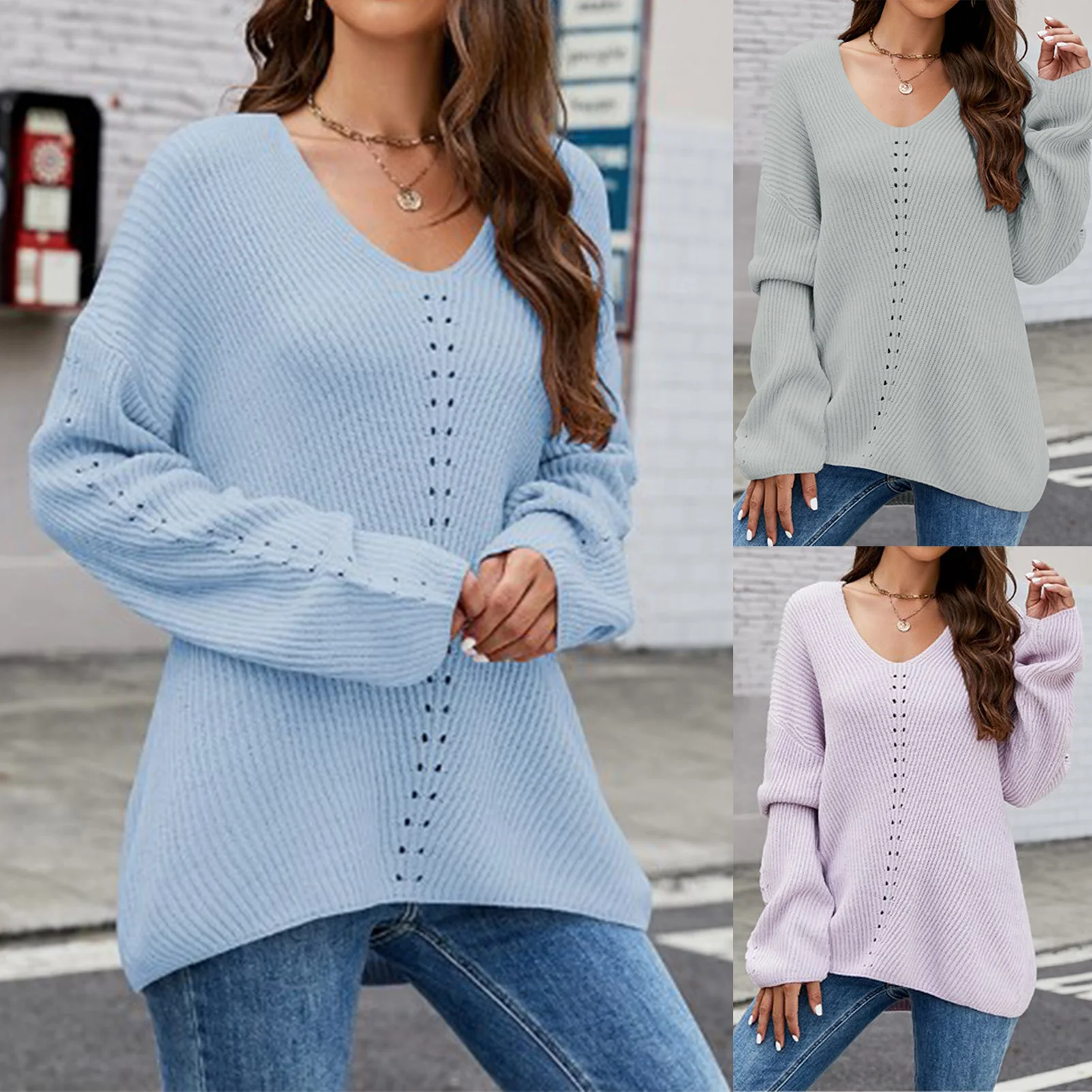 

Solid Color Ladies Knitwear Shirt Top Women Crochet Pullovers Top V Neck Long Sleeve Ribbed Knit Casual Winter Spring Sweaters