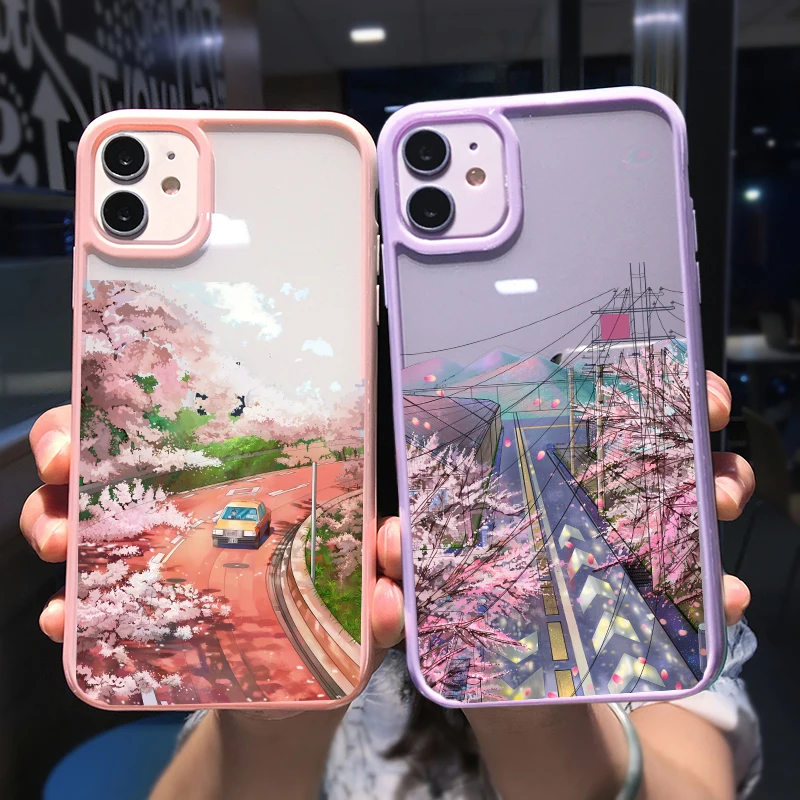 Japan Street View Phone Case For iPhone 13 12 11Pro MAX XS X XR SE20 8 7Plus Art Aesthetic Cherry Blossoms Shockproof Hard Cover