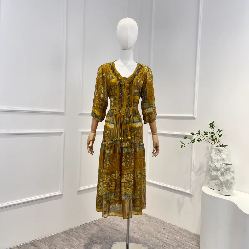 

Summer Top Quality 2023 Women Fashion Yellow Silk Vintage Hand Work Printing Beading Lace-up 3/4 Sleeve Midi Dress