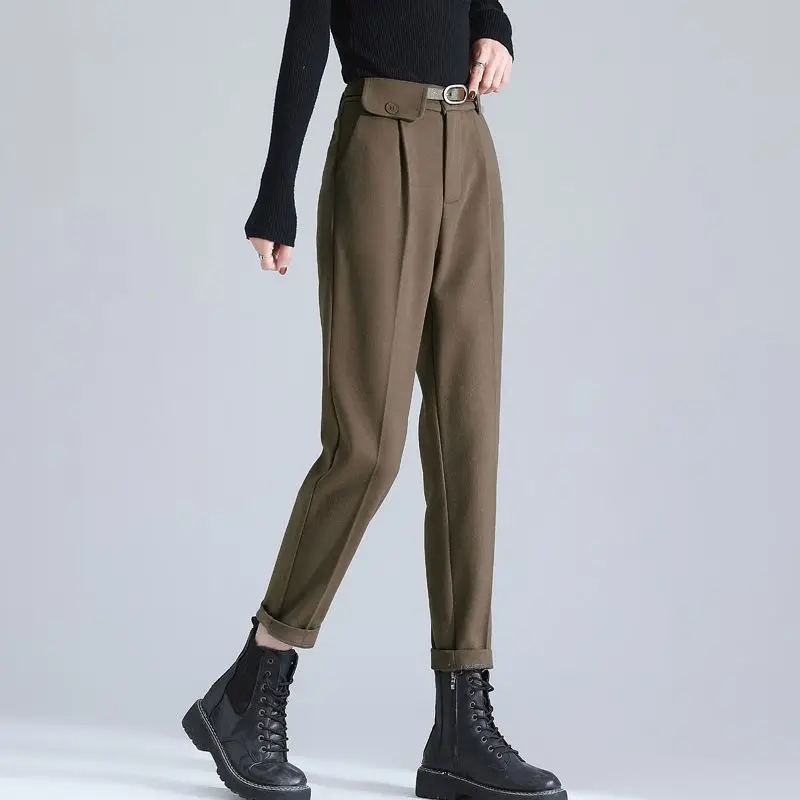 

2023 женские весенне-осенние элегантные брюки с высокой талией, Женские однотонные шаровары, рабочие брюки, женские свободные прямые брюки O285