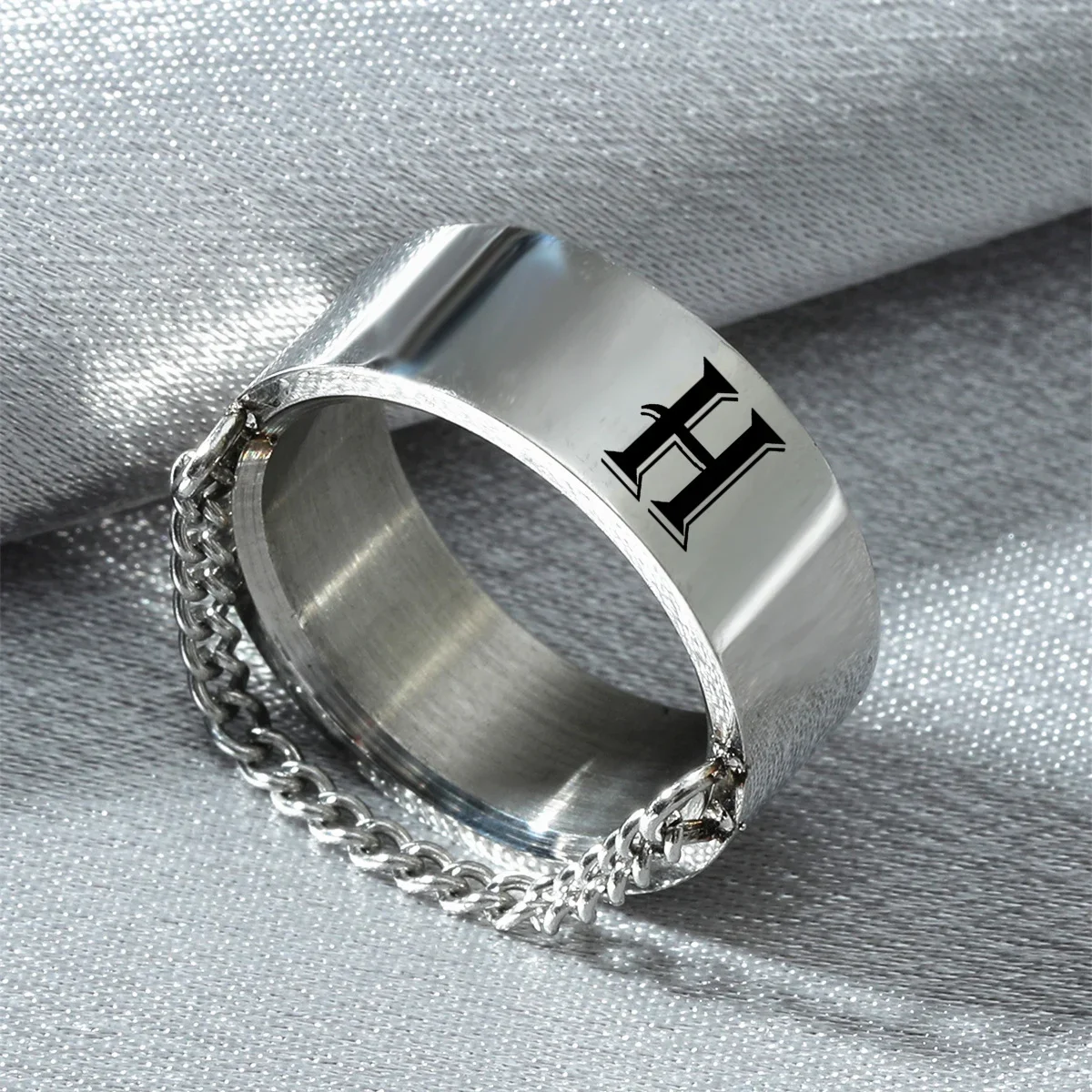 Personalised Initial Men Ring Engrave White A to Z Alphabet Stainless Steel Signet Blank Plain Band Black Tone U.S.Size