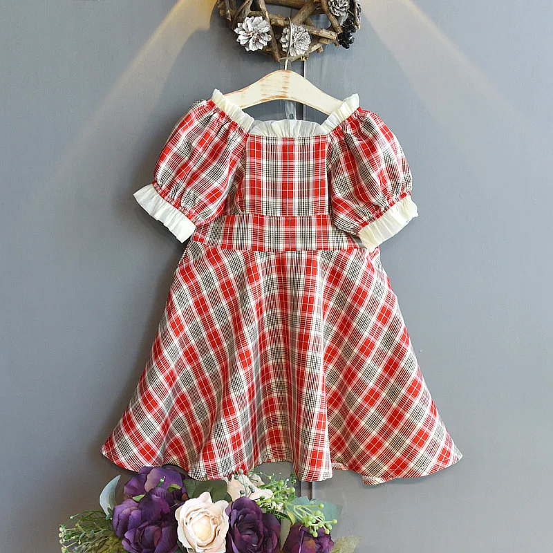 

Baby Children Dress 2022 Girl Summer Square Neck Fashion Puff Sleeve Striped Plaid Princess Dresses 3-7 Year Girls Sweet Clothes