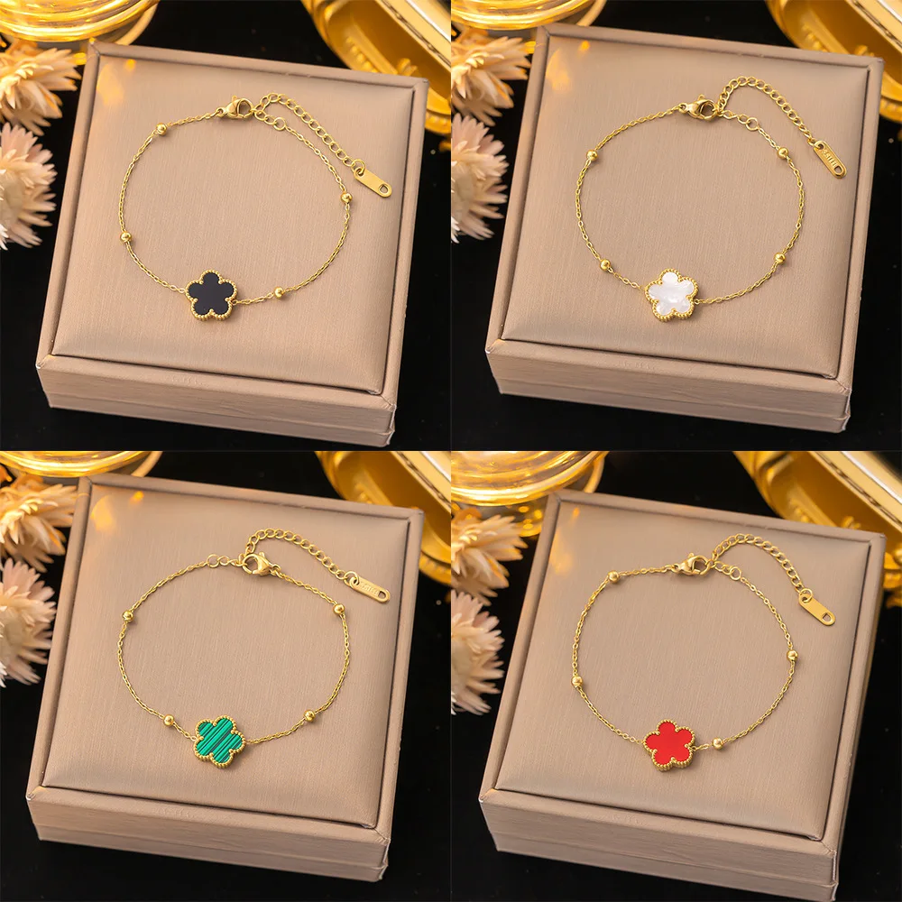 Цветной позолоченный клеверный изысканный браслет из нержавеющей стали с пятью