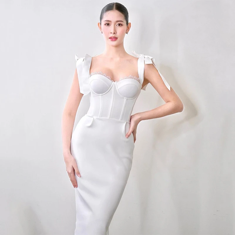 

New Summer Party Style Straps Sleevless Stretchy Fabric Elegant Women White Sheath Quality Slit Dress