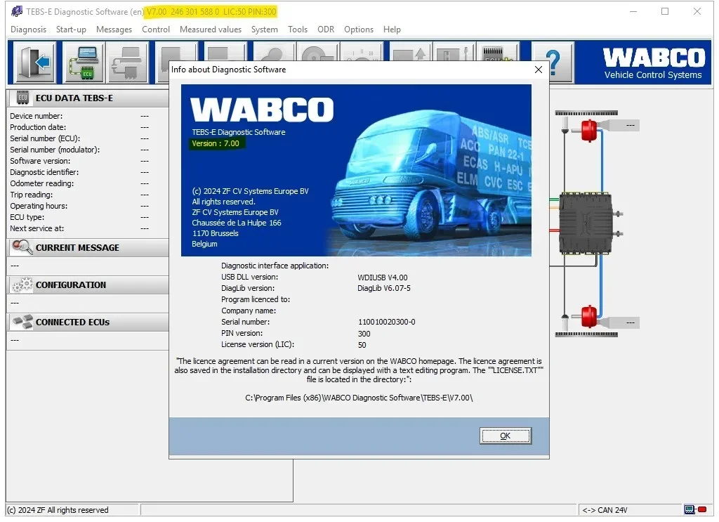 Для разблокированного активатора Wabco Diagnostic TEBS-E V7.0+