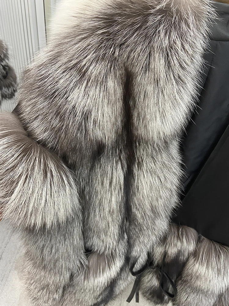 2022 High Quality Luxury Women Female Real Silver Fox Fur Outside Genuine Sheepskin Leather Oversize Loose Leisure Coat