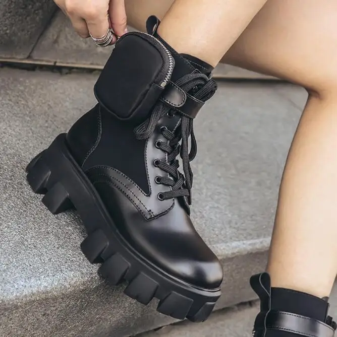 Black Steampunk Woman Chunky Heel Ankle Motorcycle Boots Women's Designer Lace-up Spring Goth Platforms Botas Belt Buckle Shoes