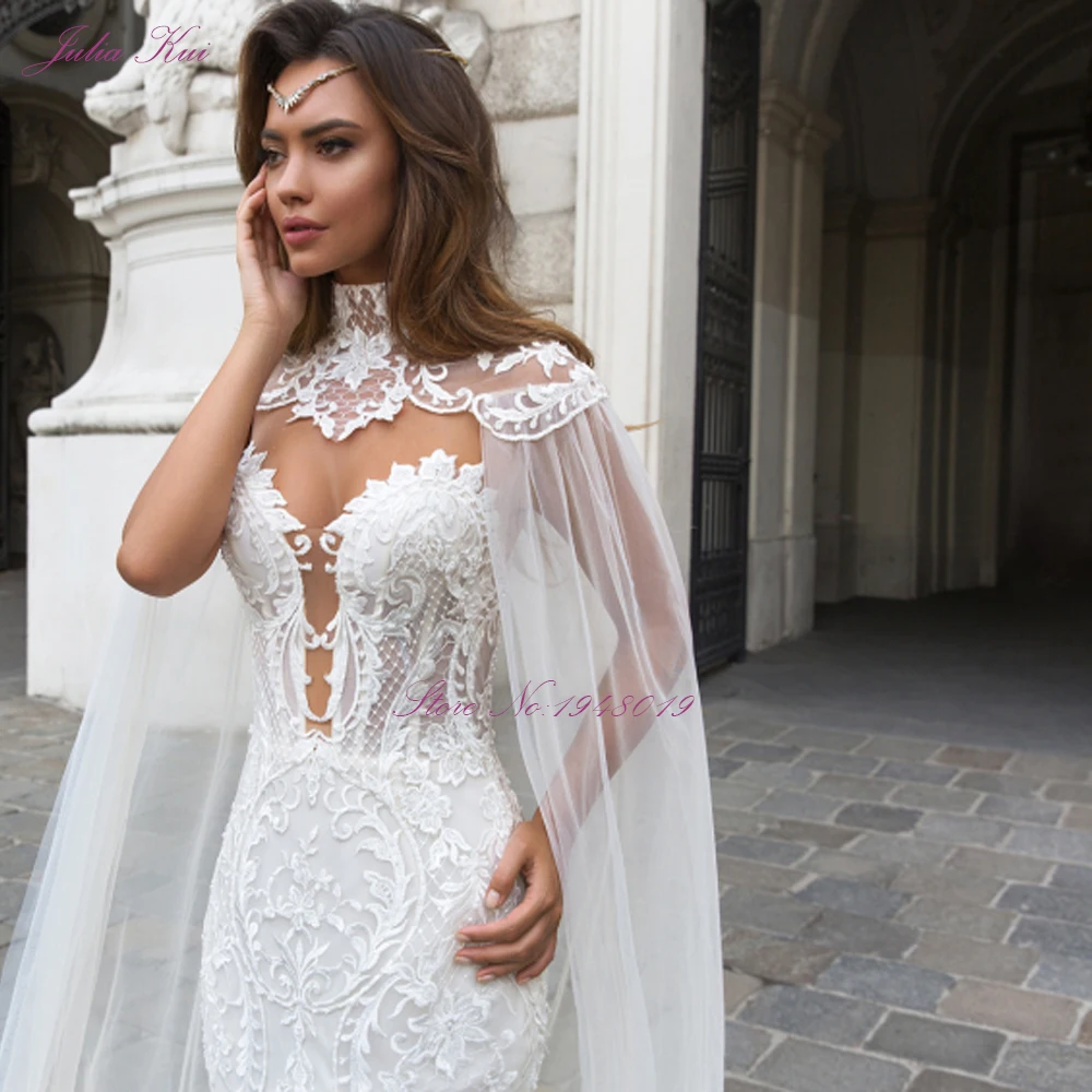 Julia Kui Свадебные платья-русалка с блестящим кружевом без рукавов V-образным