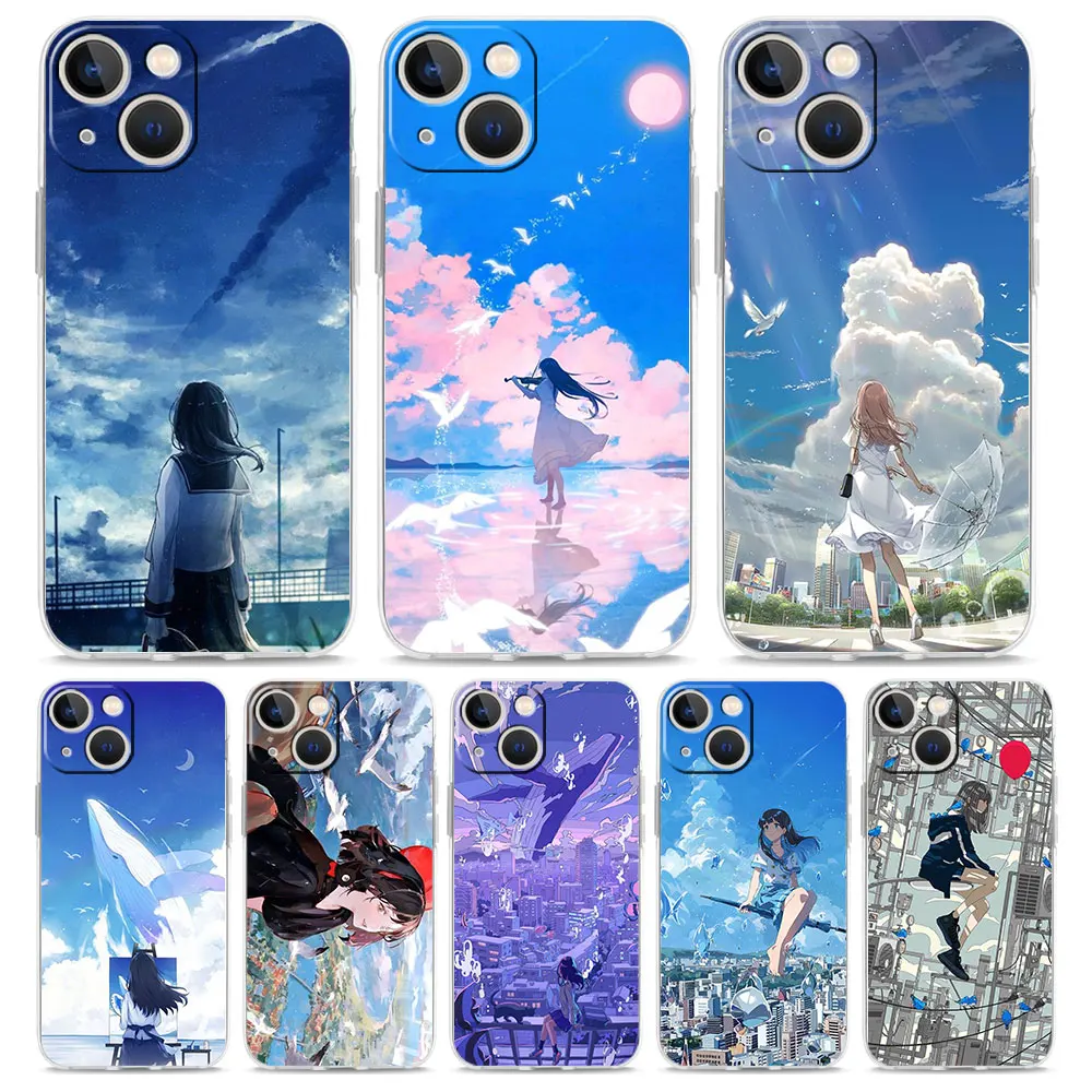 

Case For iPhone 14 13 12 11 Pro Max X Xs XR Max 7 8 Plus Phone Cases Clear TPU Cover Japanese Anime Hand Painted Girls Scenery