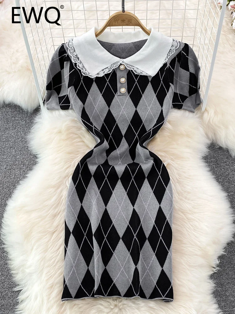 

EWQ Sweet Style Women's Dress Peter Pan Collar Contrast Color Patchwork High Waist A-line 2023 Summer New Dresses 27SN2155