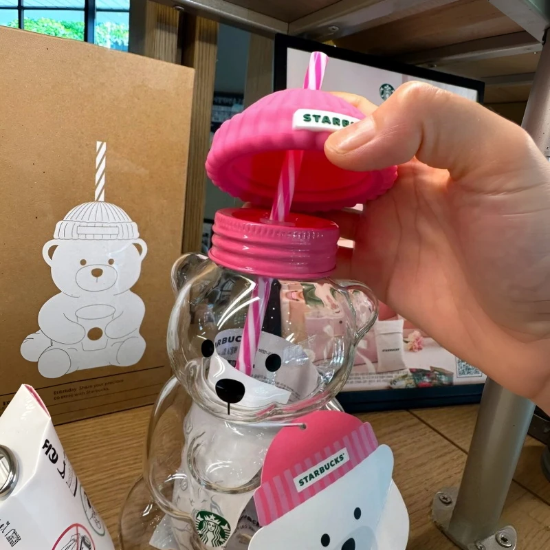 Фото Коллекционный стакан Starbucks Korea Limited Release, 591 мл, стеклянный, в форме медведя, с розовой силиконовой крышкой и полосатой соломинкой. №4