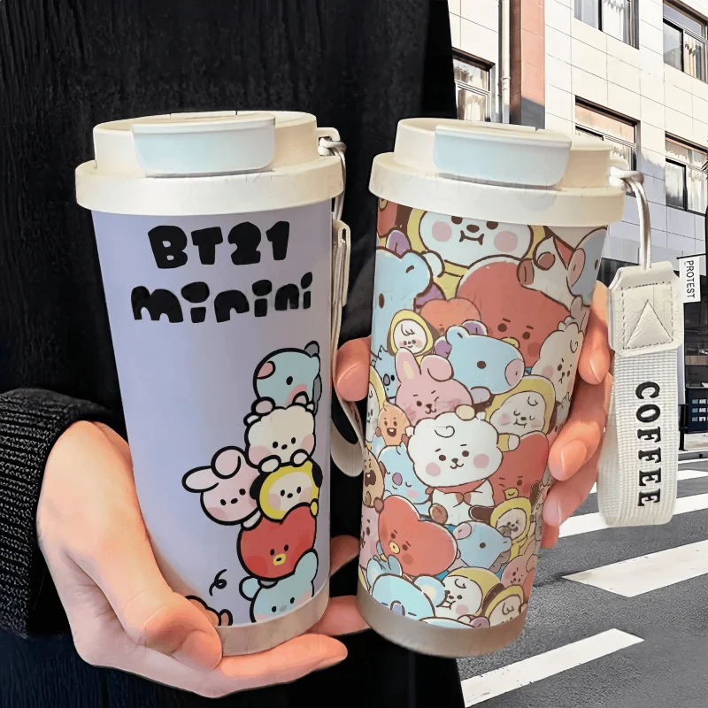 Фото 520 мл Bt21 Изолированная чашка из нержавеющей стали Kawaii TATA CHIMMY COOKY Спорт на открытом воздухе Портативная двухслойная чашка для воды большой емкости №1