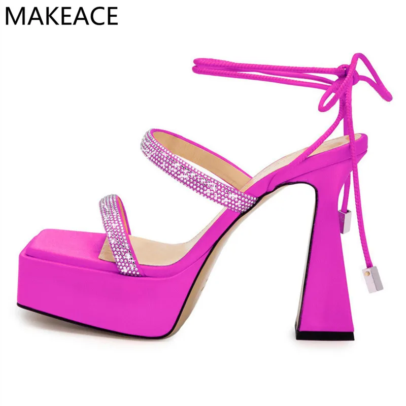 

Summer New Women High Heel One Word Belt Sandals Square Toe Open Toe Sexy Woman Sandals Fashion High Heel Lace Up Sandals 2022