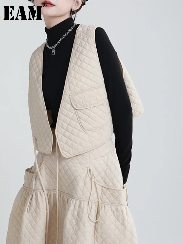 

[EAM] женский свободный абрикосовый бандажный теплый жилет с хлопковой подкладкой, новый модный жилет без рукавов с v-образным вырезом, Осень-...