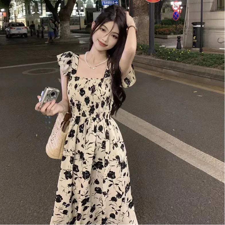 

Summer New Sweet French Flying Sleeve Floral Long Skirt Slimming Sexy Senior Sense Square Collar High-Waisted Dress Party Dress