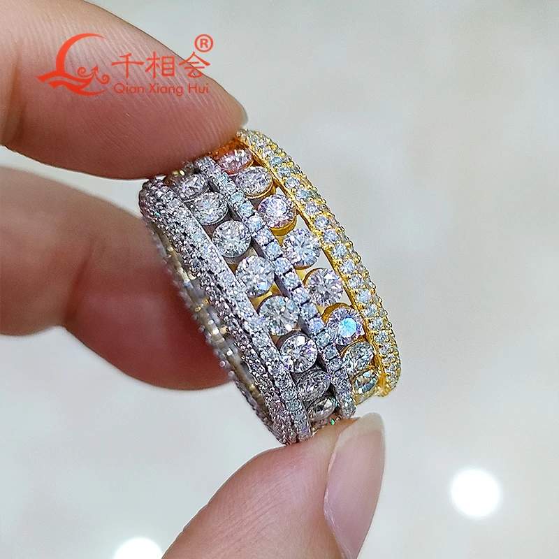 11.8mm Double color yellow and silver three full Moissanite Ring Round Brilliant Diamonds Engagement  Male women Wedding Jewelry
