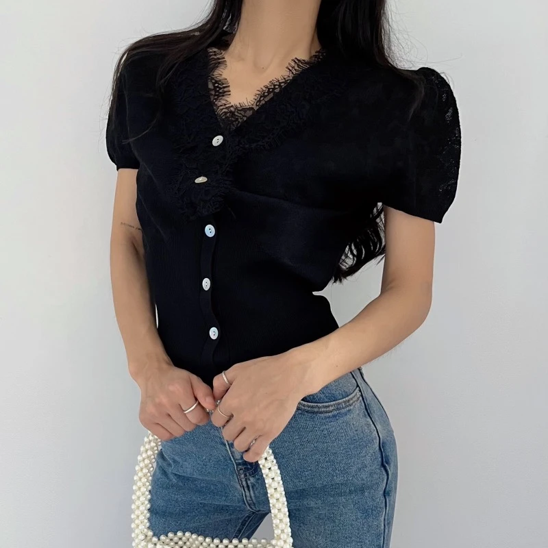 Neploe модные винтажные вязаные топы с v-образным вырезом Lcae Mujer 2024 новые летние