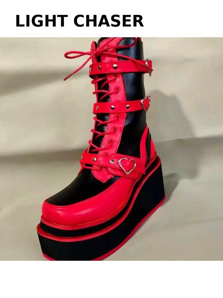 Autumn Winter New Punk Belt Buckle Rivets Thick Bottom Boots Slope Waterproof High Heel Platform Women's Boots Ankle Knight Boot