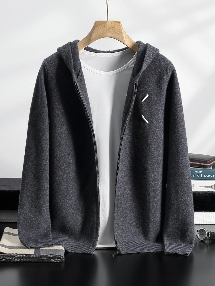 Высококачественный мужской плотный кардиган с капюшоном 100% кашемировый свитер