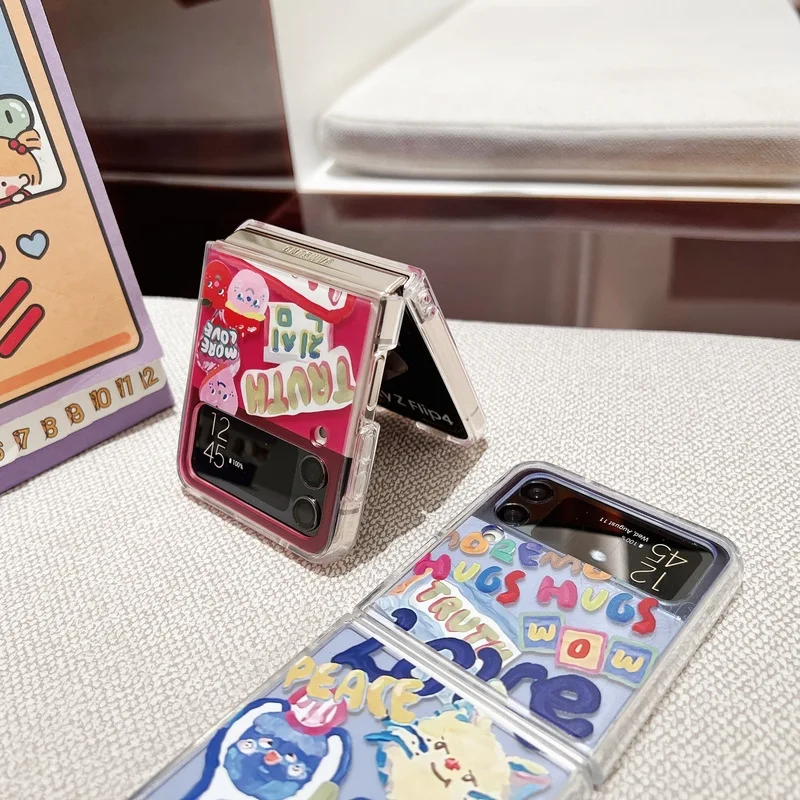 Colorful English Graffiti Cat Dog Phone Case for Samsung Galaxy Z Flip 4 3 Hard Cover for ZFlip3 Zflip4 Solid Shell Bracket