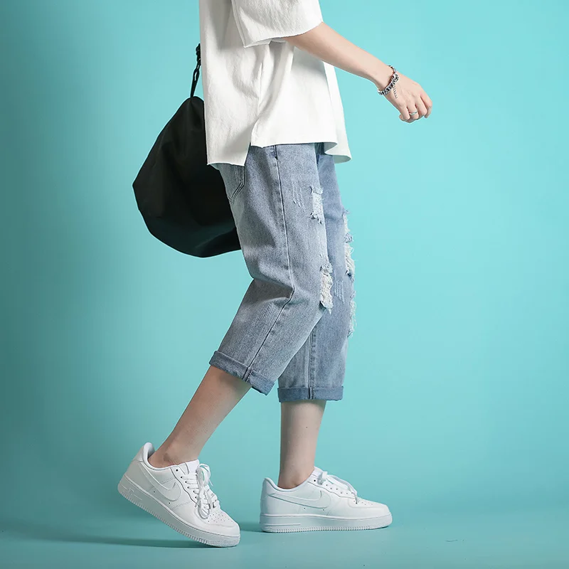 Summer Blue Ripped Jeans Men Slim Fashion Casual Straight Jeans Men Streetwear Hip Hop Hole Denim Pants Mens Cropped Pants