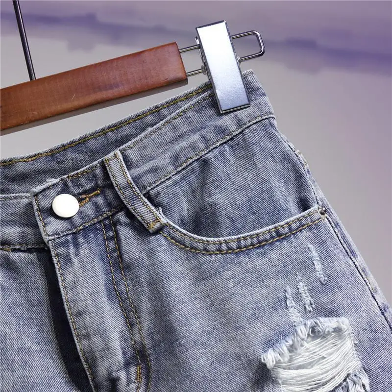 Spring/Summer New Korean Large Waist Loose Ragged Denim Shorts