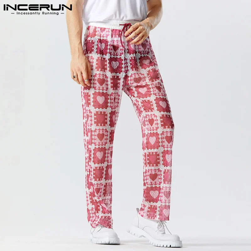 

INCERUN Men Pants Printing Patchwork Mesh Transparent Sexy Drawstring Trousers Men Streetwear 2023 Loose Fashion Straight Pants